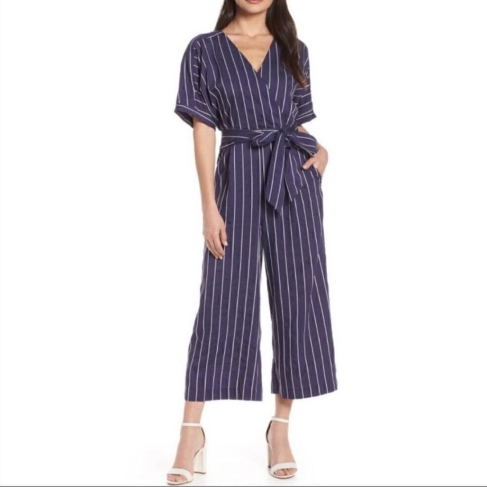 Chelsea28 Blue and White Pinstripe Jumpsuit